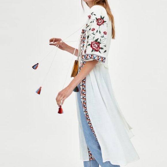 Zara pom pom Embroidered long cardigan kimono NWT - Picture 4 of 8